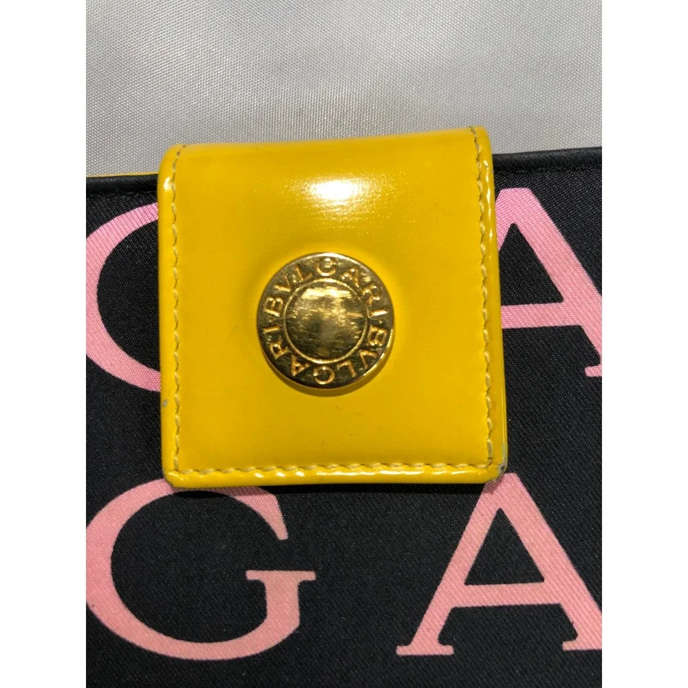 Bvlgari Logomania Bifold Wallet Black Pink Canvas Yellow Leather Italy ABEMEM
